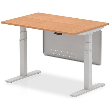 Air Modesty 1200mm Rectangular Height Adjustable Desk, Silver Leg & Modesty Panel, Oak