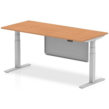 Air Modesty 1800mm Rectangular Height Adjustable Desk, Silver Leg & Modesty Panel, Oak