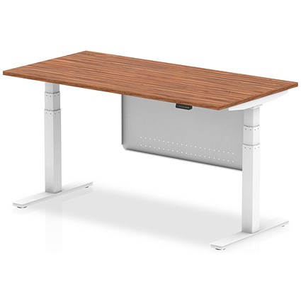 Air Modesty 1600mm Rectangular Height Adjustable Desk, White Leg & Modesty Panel, Walnut