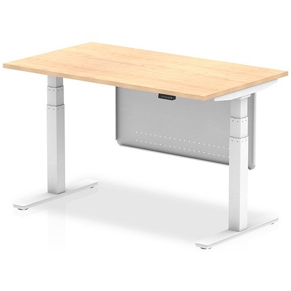 Air Modesty 1400mm Rectangular Height Adjustable Desk, White Leg & Modesty Panel, Maple