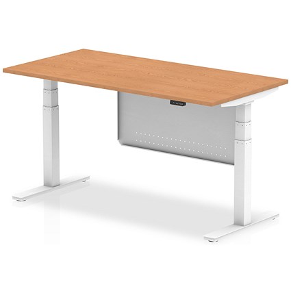 Air Modesty 1600mm Rectangular Height Adjustable Desk, White Leg & Modesty Panel, Oak
