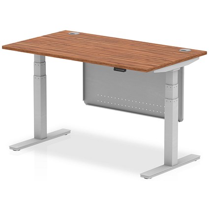 Air Modesty 1400mm Rectangular Cable Port Height Adjustable Desk, Silver Leg & Modesty Panel, Walnut