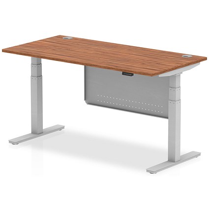 Air Modesty 1600mm Rectangular Cable Port Height Adjustable Desk, Silver Leg & Modesty Panel, Walnut