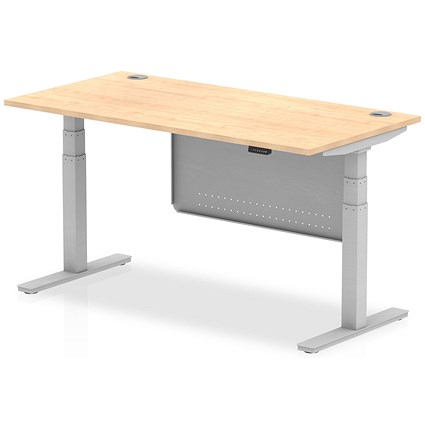 Air Modesty 1600mm Rectangular Cable Port Height Adjustable Desk, Silver Leg & Modesty Panel, Maple