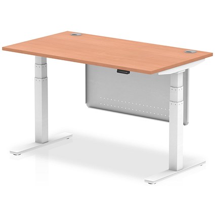Air Modesty 1400mm Rectangular Cable Port Height Adjustable Desk, White Leg & Modesty Panel, Beech