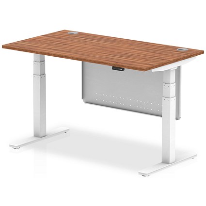 Air Modesty 1400mm Rectangular Cable Port Height Adjustable Desk, White Leg & Modesty Panel, Walnut