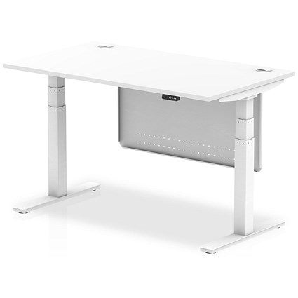 Air Modesty 1400mm Rectangular Cable Port Height Adjustable Desk, White Leg & Modesty Panel, White