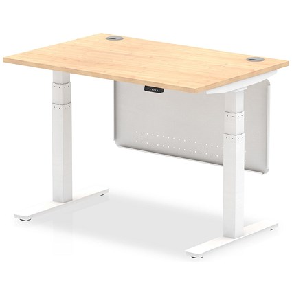 Air Modesty 1200mm Rectangular Cable Port Height Adjustable Desk, White Leg & Modesty Panel, Maple