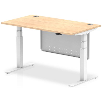Air Modesty 1400mm Rectangular Cable Port Height Adjustable Desk, White Leg & Modesty Panel, Maple