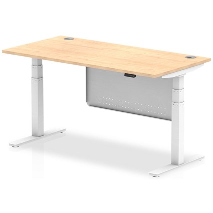 Air Modesty 1600mm Rectangular Cable Port Height Adjustable Desk, White Leg & Modesty Panel, Maple