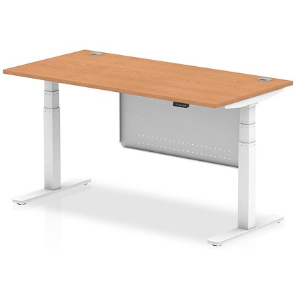 Air Modesty 1600mm Rectangular Cable Port Height Adjustable Desk, White Leg & Modesty Panel, Oak