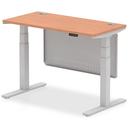 Air Modesty 1200mm Slim Rectangular Height Adjustable Desk, Silver Leg & Modesty Panel, Beech
