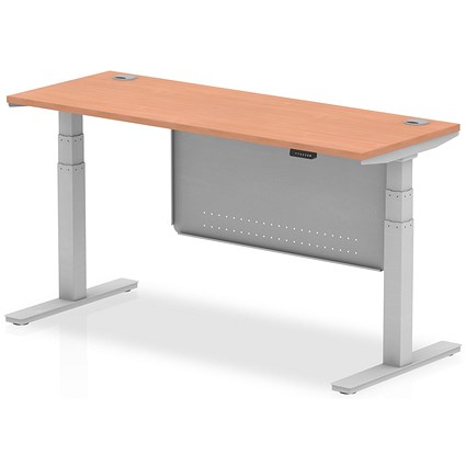 Air Modesty 1600mm Slim Rectangular Height Adjustable Desk, Silver Leg & Modesty Panel, Beech