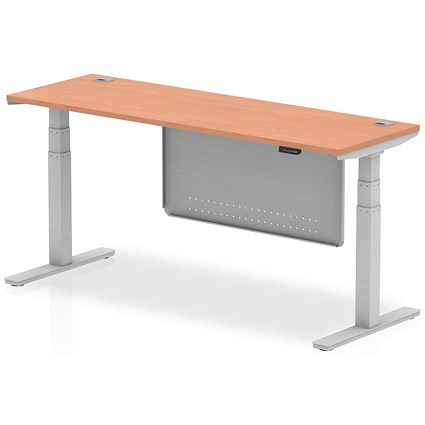 Air Modesty 1800mm Slim Rectangular Height Adjustable Desk, Silver Leg & Modesty Panel, Beech