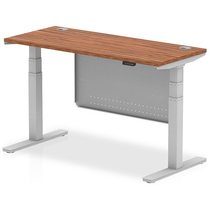 Air Modesty 1400mm Slim Rectangular Height Adjustable Desk, Silver Leg & Modesty Panel, Walnut