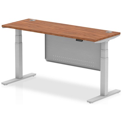 Air Modesty 1600mm Slim Rectangular Height Adjustable Desk, Silver Leg & Modesty Panel, Walnut