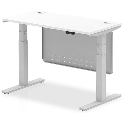 Air Modesty 1200mm Slim Rectangular Height Adjustable Desk, Silver Leg & Modesty Panel, White