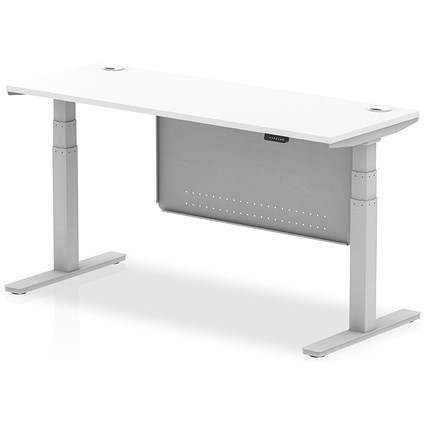 Air Modesty 1600mm Slim Rectangular Height Adjustable Desk, Silver Leg & Modesty Panel, White
