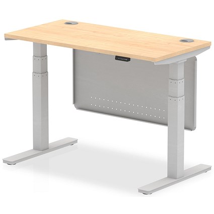 Air Modesty 1200mm Slim Rectangular Height Adjustable Desk, Silver Leg & Modesty Panel, Maple