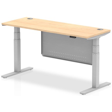 Air Modesty 1600mm Slim Rectangular Height Adjustable Desk, Silver Leg & Modesty Panel, Maple