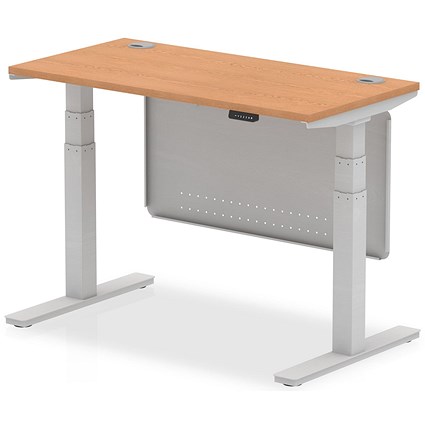 Air Modesty 1200mm Slim Rectangular Height Adjustable Desk, Silver Leg & Modesty Panel, Oak
