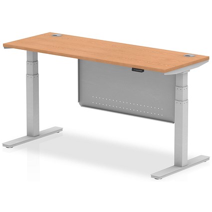 Air Modesty 1600mm Slim Rectangular Height Adjustable Desk, Silver Leg & Modesty Panel, Oak
