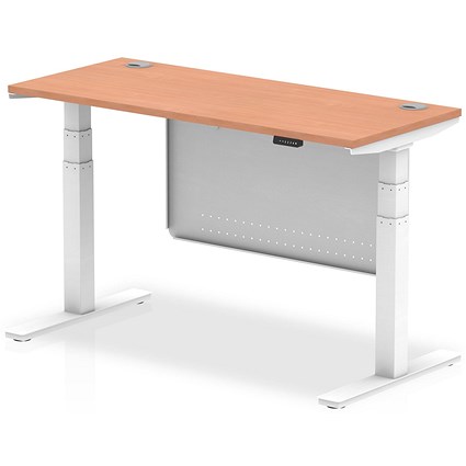 Air Modesty 1400mm Slim Rectangular Height Adjustable Desk, White Leg & Modesty Panel, Beech