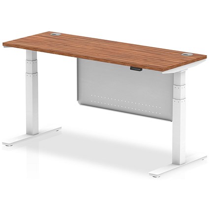 Air Modesty 1600mm Slim Rectangular Height Adjustable Desk, White Leg & Modesty Panel, Walnut
