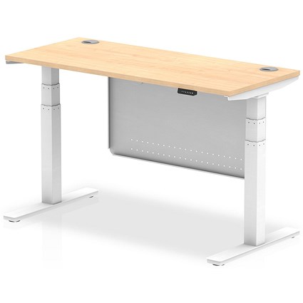 Air Modesty 1400mm Slim Rectangular Height Adjustable Desk, White Leg & Modesty Panel, Maple