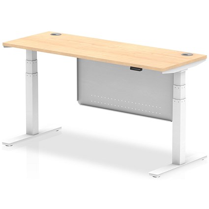 Air Modesty 1600mm Slim Rectangular Height Adjustable Desk, White Leg & Modesty Panel, Maple