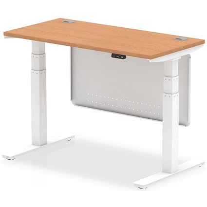 Air Modesty 1200mm Slim Rectangular Height Adjustable Desk, White Leg & Modesty Panel, Oak