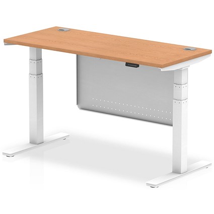 Air Modesty 1400mm Slim Rectangular Height Adjustable Desk, White Leg & Modesty Panel, Oak