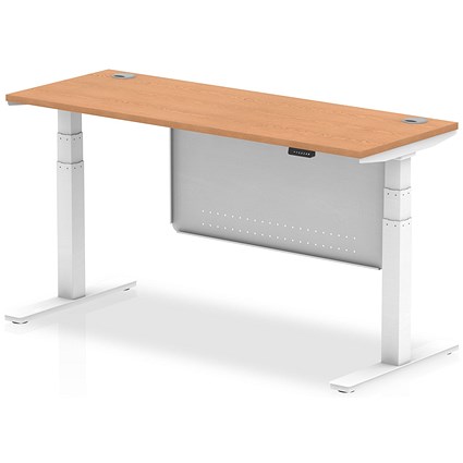 Air Modesty 1600mm Slim Rectangular Height Adjustable Desk, White Leg & Modesty Panel, Oak
