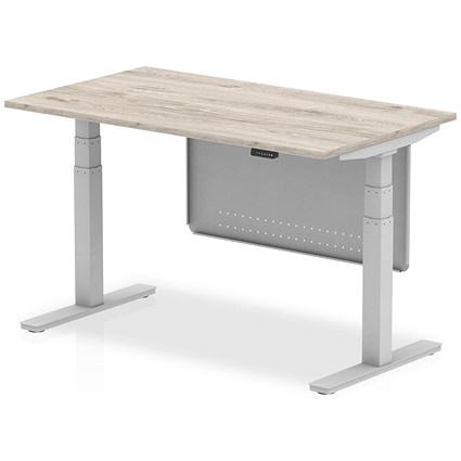 Air Modesty 1400mm Rectangular Height Adjustable Desk, Silver Leg & Modesty Panel, Grey Oak Air Modesty 1400mm Rectangular Height Adjustable Desk, Silver Leg & Modesty Panel, Grey Oak