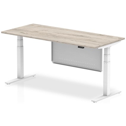 Air Modesty 1800mm Rectangular Height Adjustable Desk, White Leg & Modesty Panel, Grey Oak
