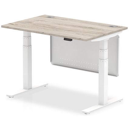 Air Modesty 1200mm Rectangular Cable Port Height Adjustable Desk, White Leg & Modesty Panel, Grey Oak