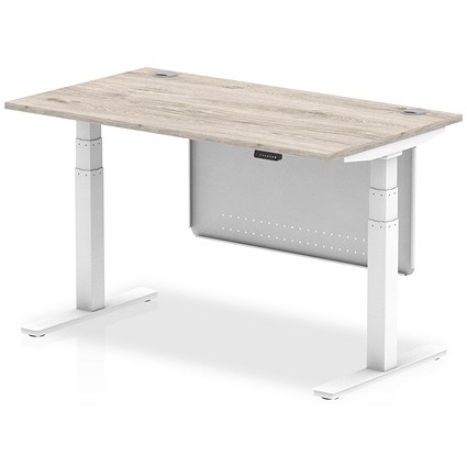 Air Modesty 1400mm Rectangular Cable Port Height Adjustable Desk, White Leg & Modesty Panel, Grey Oak