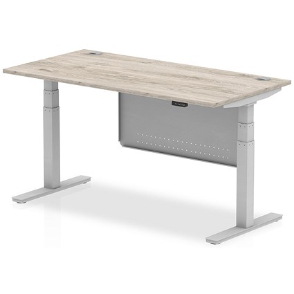 Air Modesty 1600mm Rectangular Cable Port Height Adjustable Desk, Silver Leg & Modesty Panel, Grey Oak