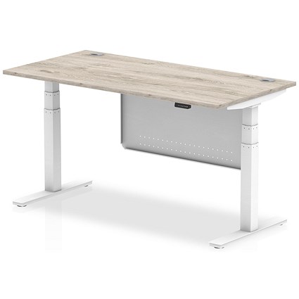 Air Modesty 1600mm Rectangular Cable Port Height Adjustable Desk, White Leg & Modesty Panel, Grey Oak