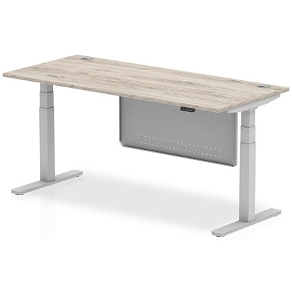 Air Modesty 1800mm Rectangular Cable Port Height Adjustable Desk, Silver Leg & Modesty Panel, Grey Oak