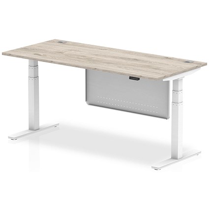 Air Modesty 1800mm Rectangular Cable Port Height Adjustable Desk, White Leg & Modesty Panel, Grey Oak