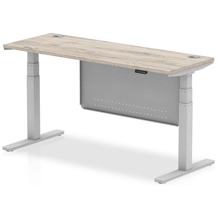 Air Modesty 1600mm Slim Rectangular Height Adjustable Desk, Silver Leg & Modesty Panel, Grey Oak