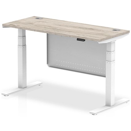 Air Modesty 1400mm Slim Rectangular Height Adjustable Desk, White Leg & Modesty Panel, Grey Oak