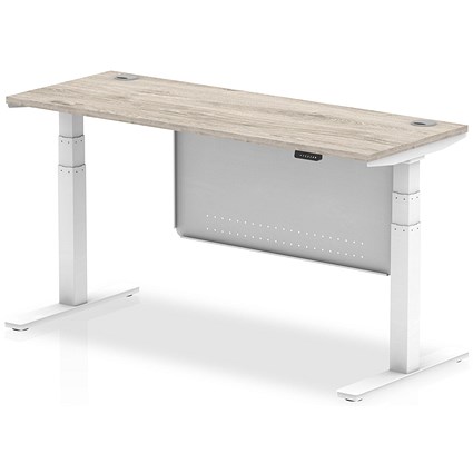 Air Modesty 1600mm Slim Rectangular Height Adjustable Desk, White Leg & Modesty Panel, Grey Oak