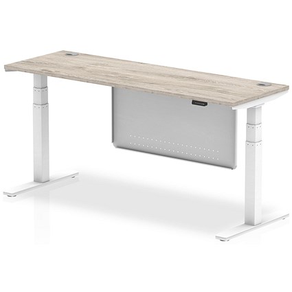 Air Modesty 1800mm Slim Rectangular Height Adjustable Desk, White Leg & Modesty Panel, Grey Oak