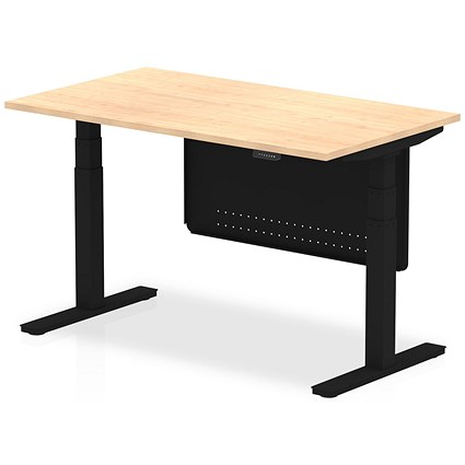 Air Modesty 1400mm Rectangular Height Adjustable Desk, Black Leg & Modesty Panel, Maple
