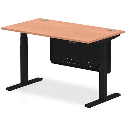Air Modesty 1400mm Rectangular Cable Port Height Adjustable Desk, Black Leg & Modesty Panel, Beech