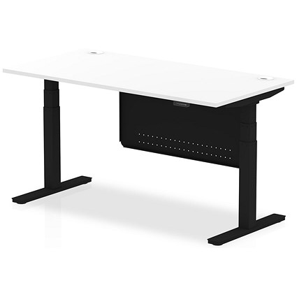 Air Modesty 1600mm Rectangular Cable Port Height Adjustable Desk, Black Leg & Modesty Panel, White