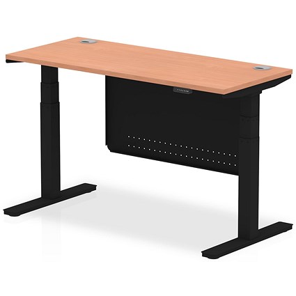 Air Modesty 1400mm Slim Rectangular Height Adjustable Desk, Black Leg & Modesty Panel, Beech