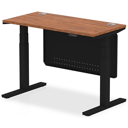 Air Modesty 1200mm Slim Rectangular Height Adjustable Desk, Black Leg & Modesty Panel, Walnut